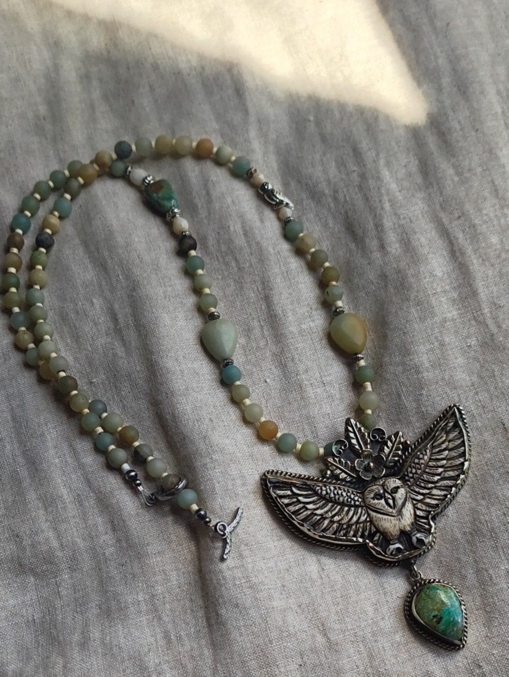 OOAK Lula Bayou Buffalo Bone Owl Necklace Turquoise Amazonite Tibetan Silver